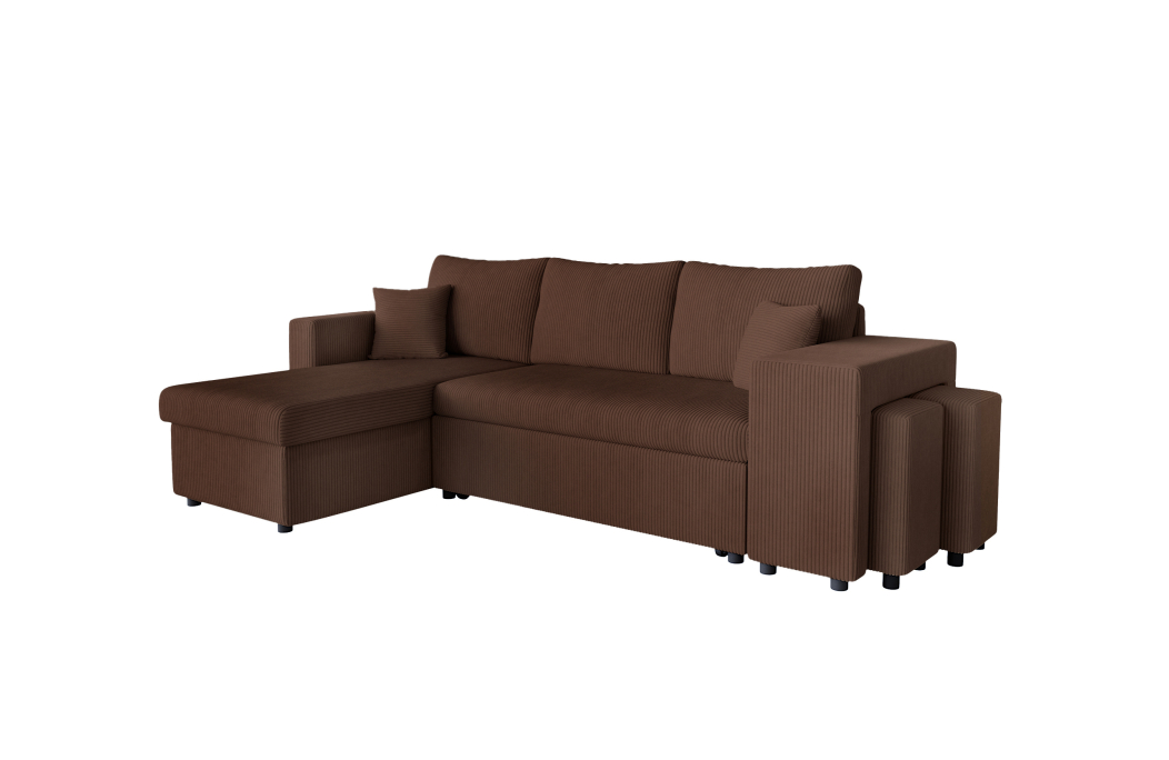 Canapé d'angle réversible convertible OSLO avec coffre et 2 poufs en velours côtelé