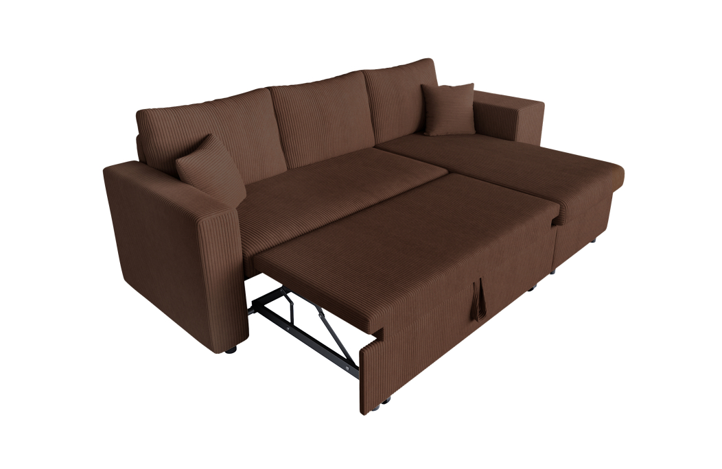 Canapé d'angle réversible convertible OSLO avec coffre et 2 poufs en velours côtelé