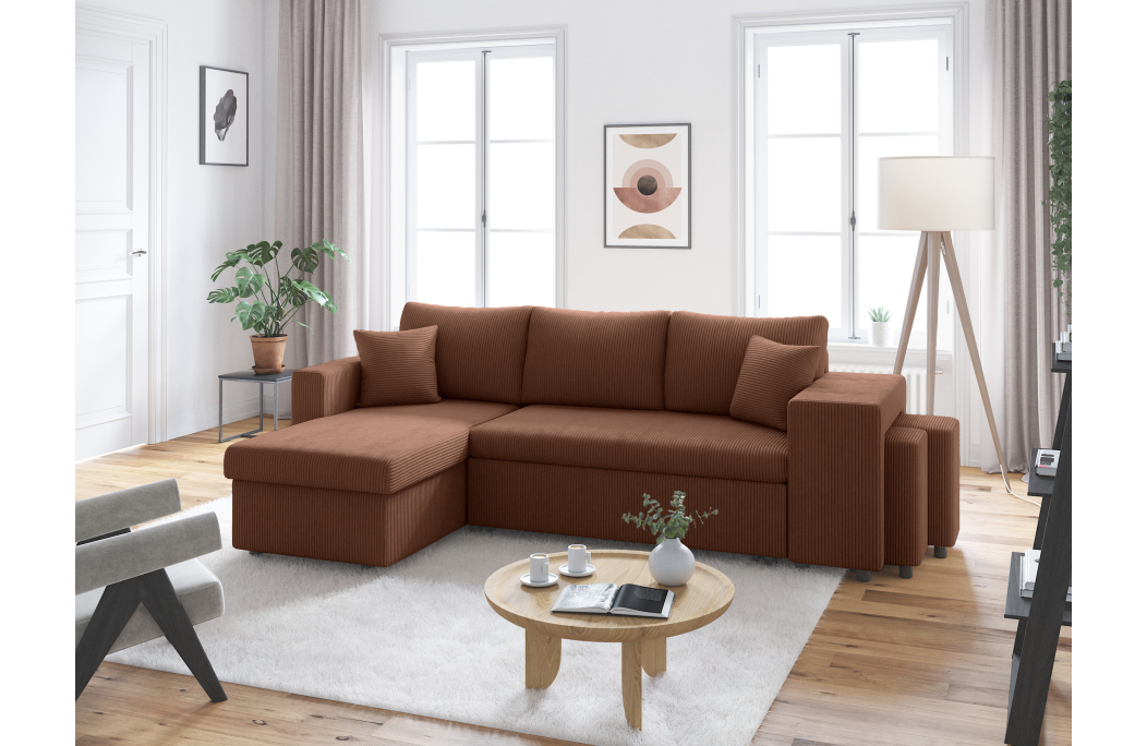 Canapé d'angle réversible convertible OSLO avec coffre et 2 poufs en velours côtelé