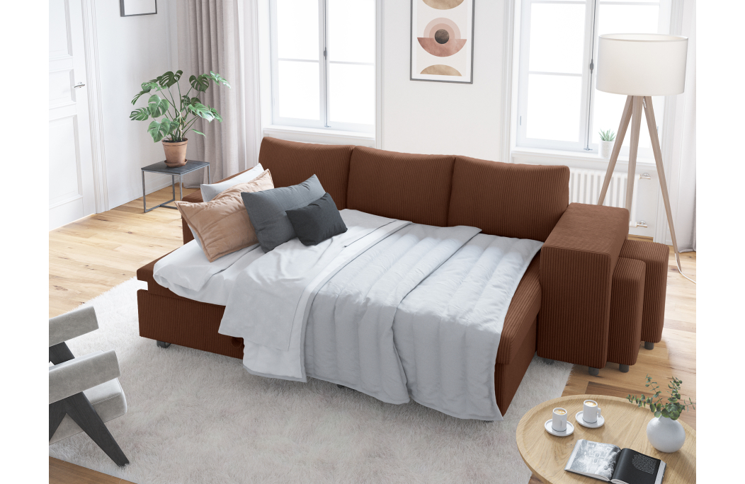 Canapé d'angle réversible convertible OSLO avec coffre et 2 poufs en velours côtelé
