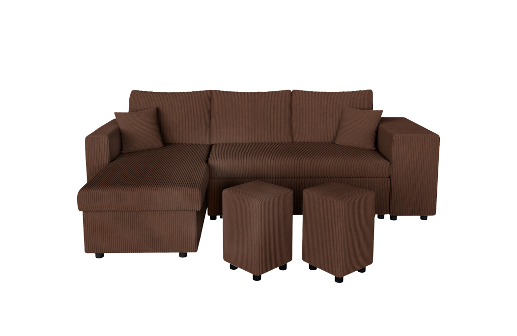Canapé d'angle réversible convertible OSLO avec coffre et 2 poufs en velours côtelé