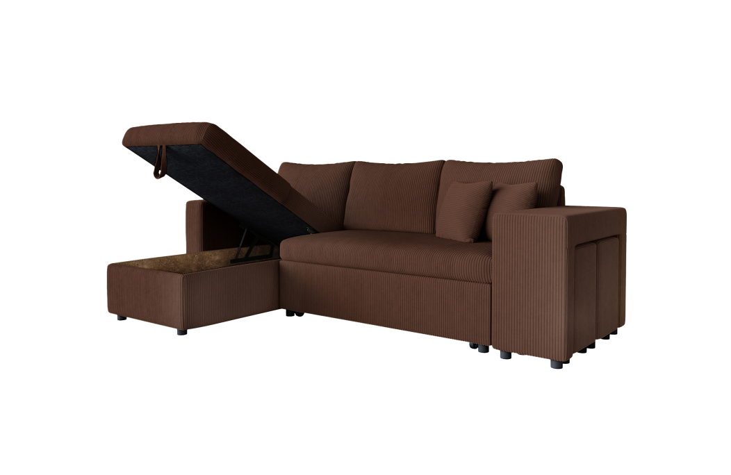 Canapé d'angle réversible convertible OSLO avec coffre et 2 poufs en velours côtelé