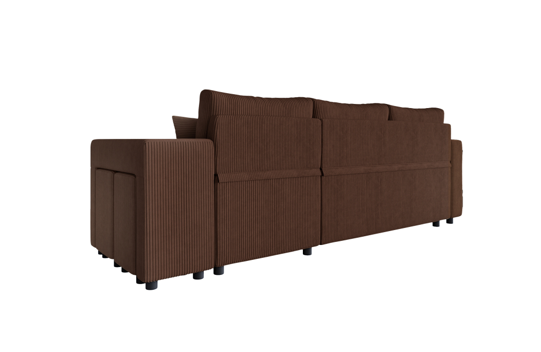 Canapé d'angle réversible convertible OSLO avec coffre et 2 poufs en velours côtelé