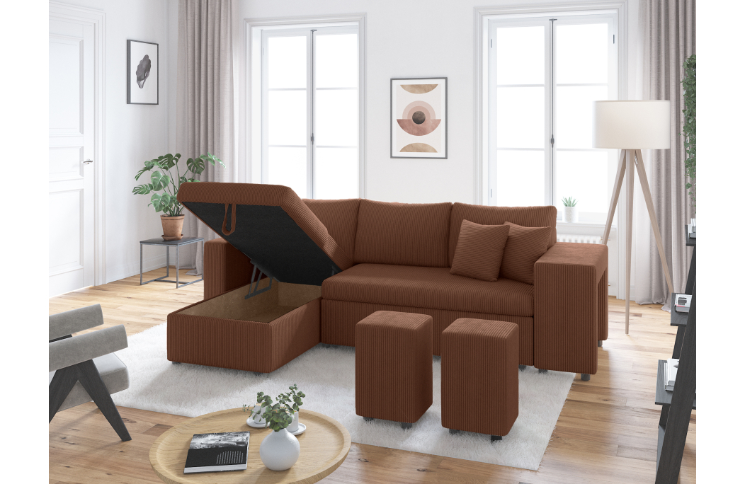 Canapé d'angle réversible convertible OSLO avec coffre et 2 poufs en velours côtelé