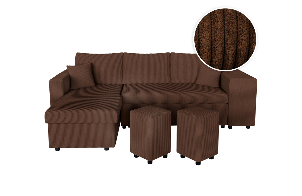 Canapé d'angle réversible convertible OSLO avec coffre et 2 poufs en velours côtelé