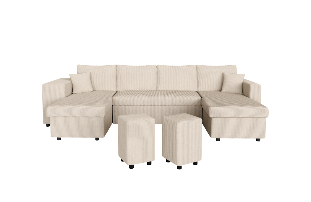 Canapé d'angle panoramique OSLO convertible avec 2 coffres et 2 poufs en velours côtelé