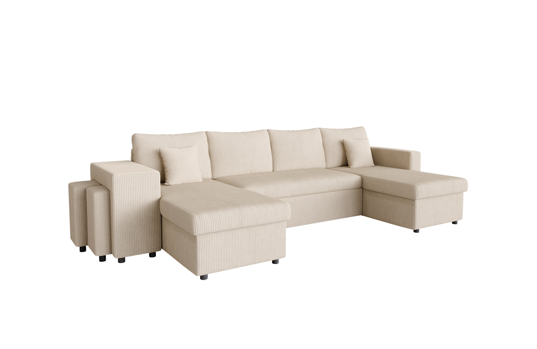 Canapé d'angle panoramique OSLO convertible avec 2 coffres et 2 poufs en velours côtelé