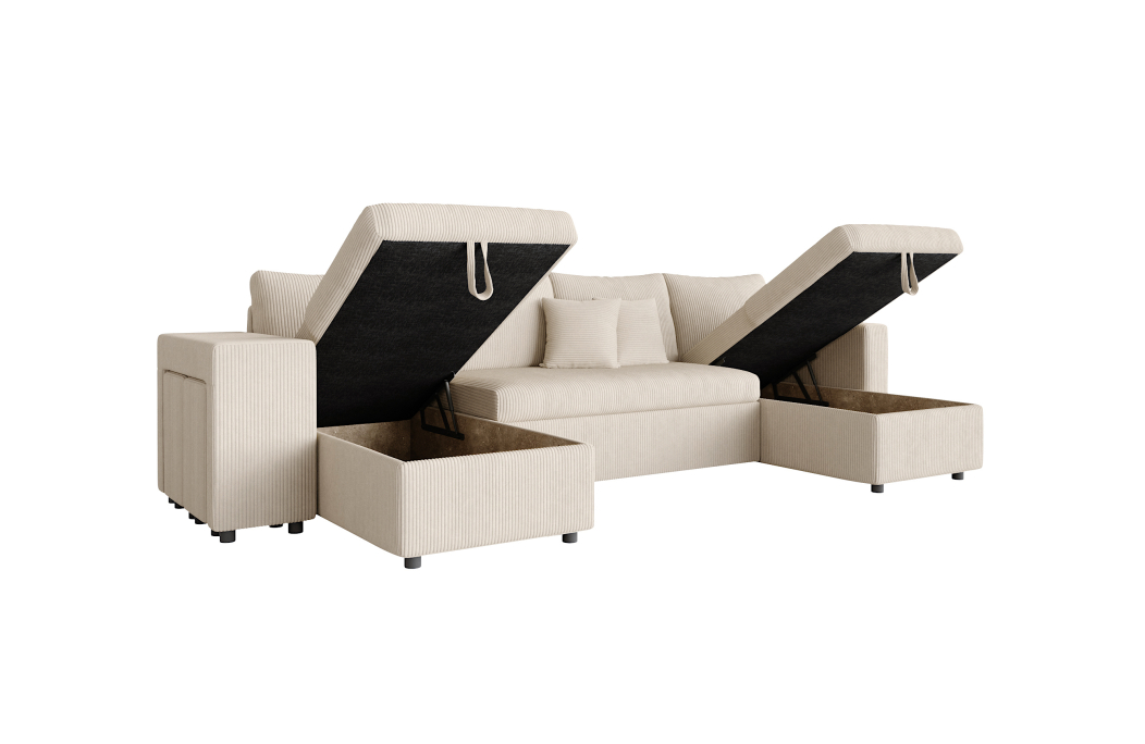 Canapé d'angle panoramique OSLO convertible avec 2 coffres et 2 poufs en velours côtelé