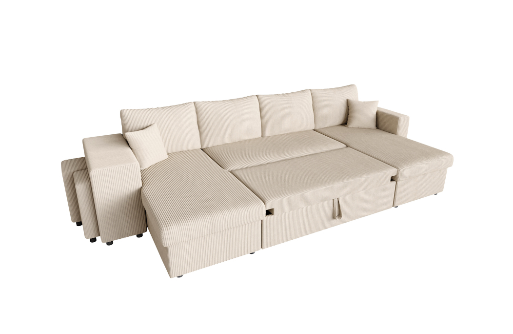 Canapé d'angle panoramique OSLO convertible avec 2 coffres et 2 poufs en velours côtelé