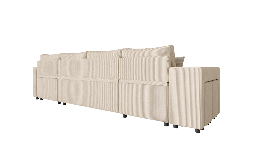 Canapé d'angle panoramique OSLO convertible avec 2 coffres et 2 poufs en velours côtelé