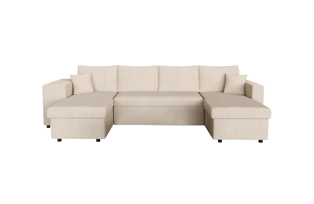 Canapé d'angle panoramique OSLO convertible avec 2 coffres et 2 poufs en velours côtelé