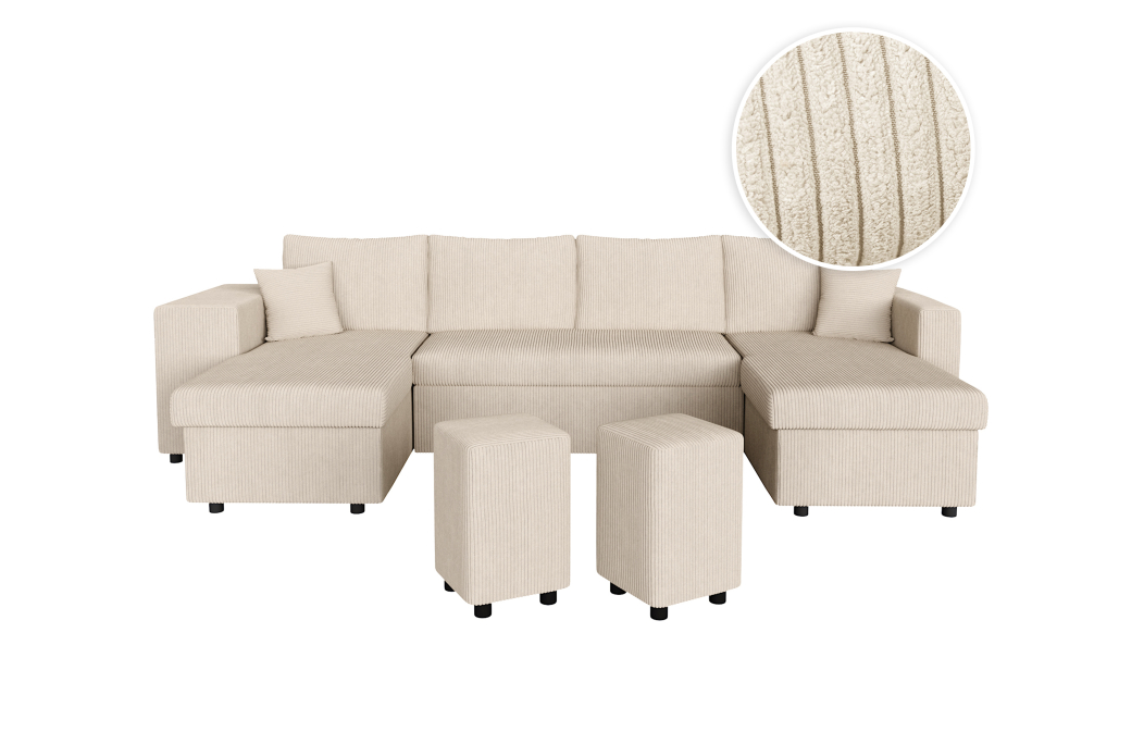Canapé d'angle panoramique OSLO convertible avec 2 coffres et 2 poufs en velours côtelé