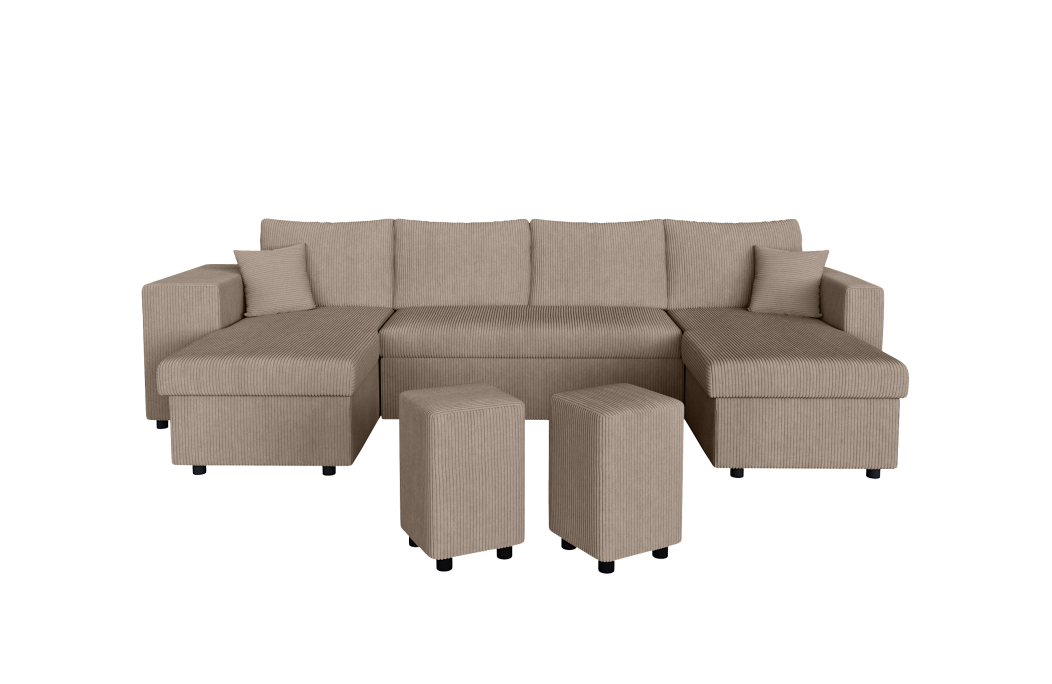 Canapé d'angle panoramique OSLO convertible avec 2 coffres et 2 poufs en velours côtelé