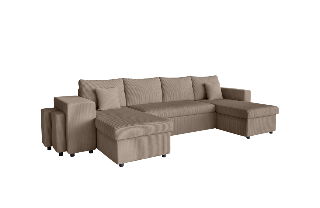 Canapé d'angle panoramique OSLO convertible avec 2 coffres et 2 poufs en velours côtelé