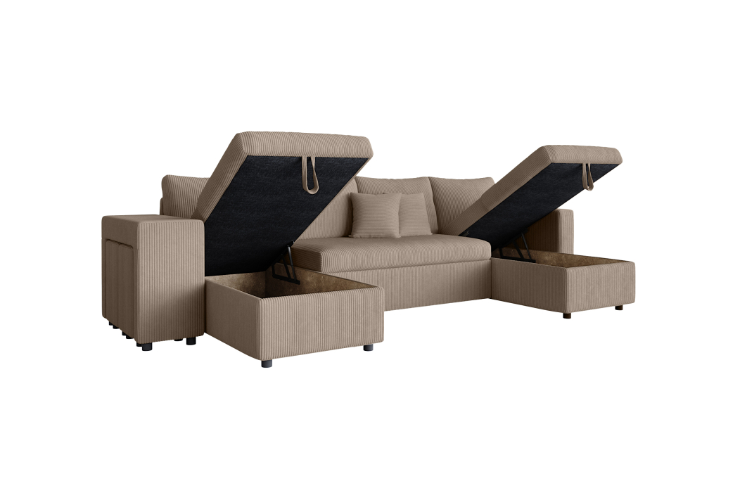 Canapé d'angle panoramique OSLO convertible avec 2 coffres et 2 poufs en velours côtelé