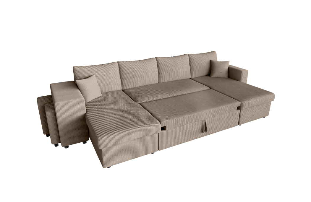 Canapé d'angle panoramique OSLO convertible avec 2 coffres et 2 poufs en velours côtelé