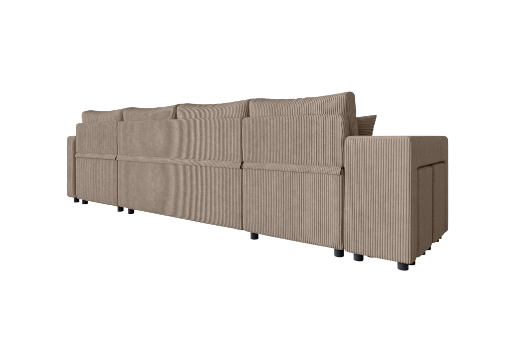 Canapé d'angle panoramique OSLO convertible avec 2 coffres et 2 poufs en velours côtelé