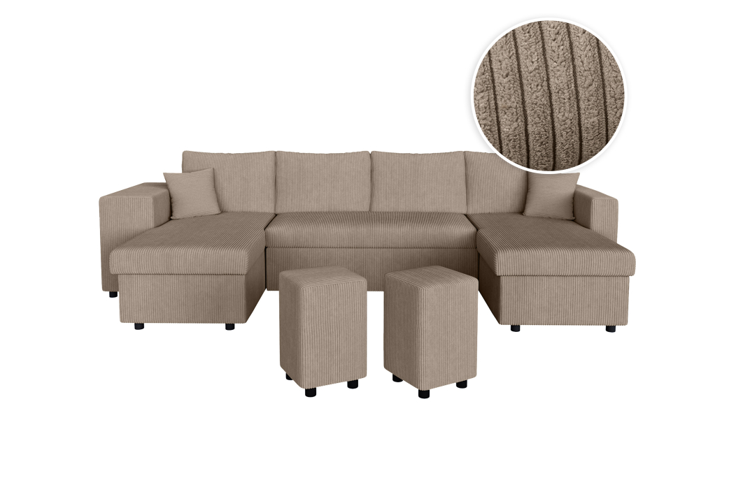 Canapé d'angle panoramique OSLO convertible avec 2 coffres et 2 poufs en velours côtelé