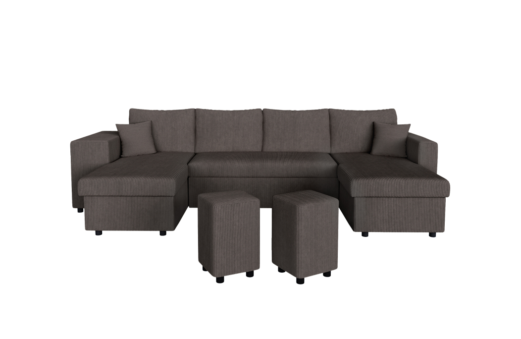 Canapé d'angle panoramique OSLO convertible avec 2 coffres et 2 poufs en velours côtelé