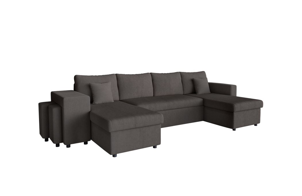 Canapé d'angle panoramique OSLO convertible avec 2 coffres et 2 poufs en velours côtelé
