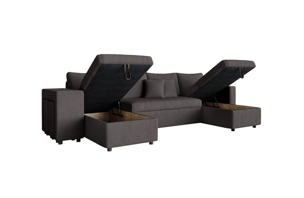 Canapé d'angle panoramique OSLO convertible avec 2 coffres et 2 poufs en velours côtelé