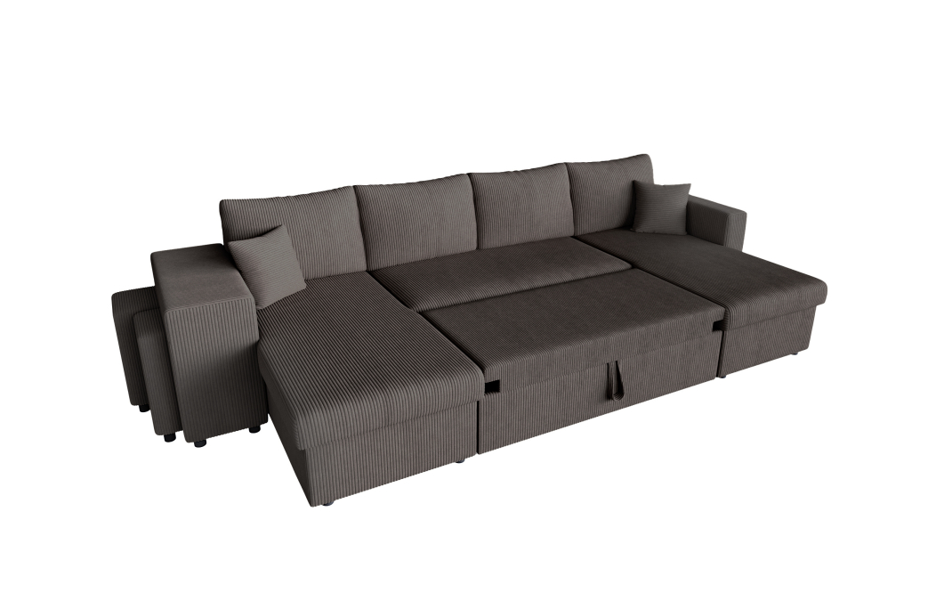 Canapé d'angle panoramique OSLO convertible avec 2 coffres et 2 poufs en velours côtelé