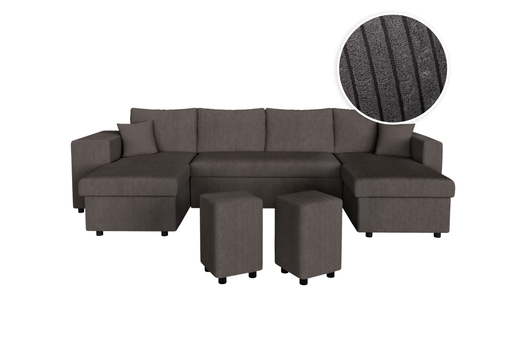 Canapé d'angle panoramique OSLO convertible avec 2 coffres et 2 poufs en velours côtelé