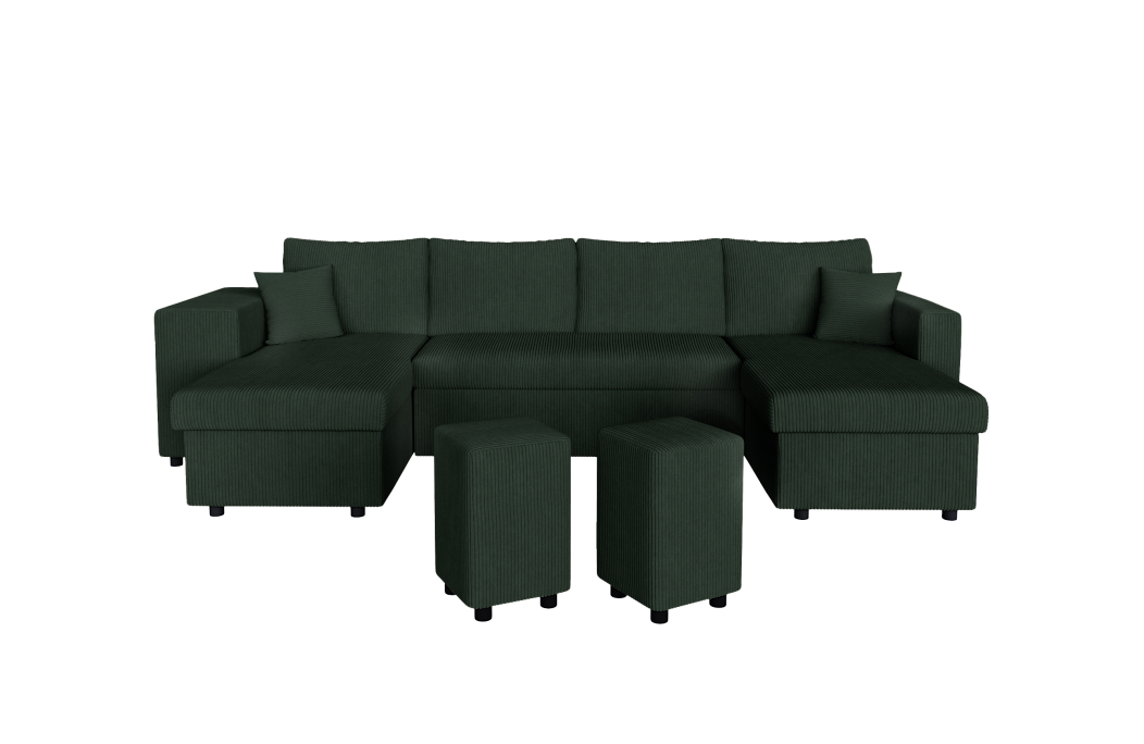 Canapé d'angle panoramique OSLO convertible avec 2 coffres et 2 poufs en velours côtelé