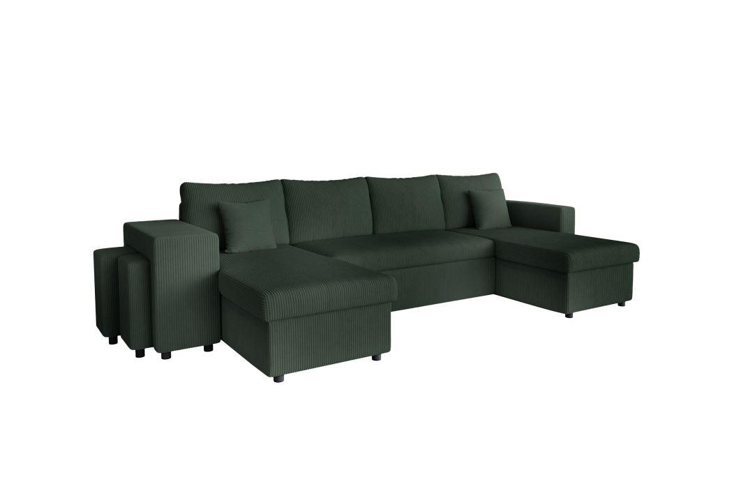 Canapé d'angle panoramique OSLO convertible avec 2 coffres et 2 poufs en velours côtelé