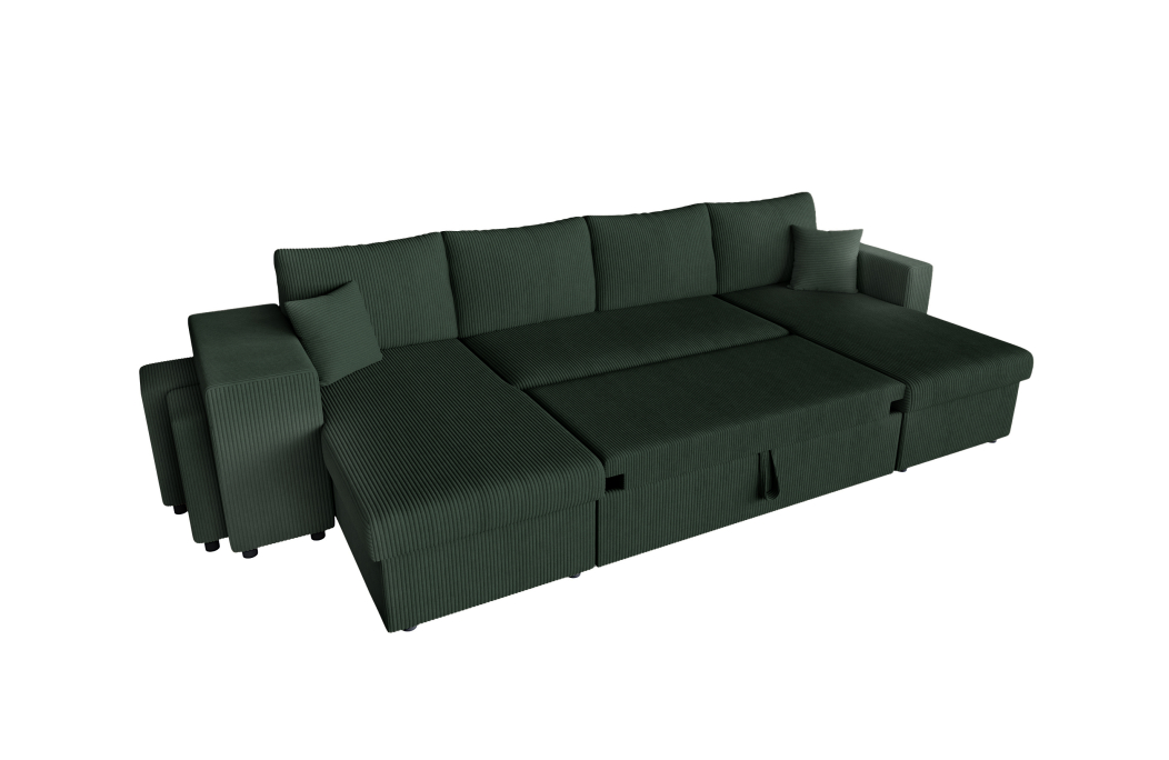 Canapé d'angle panoramique OSLO convertible avec 2 coffres et 2 poufs en velours côtelé