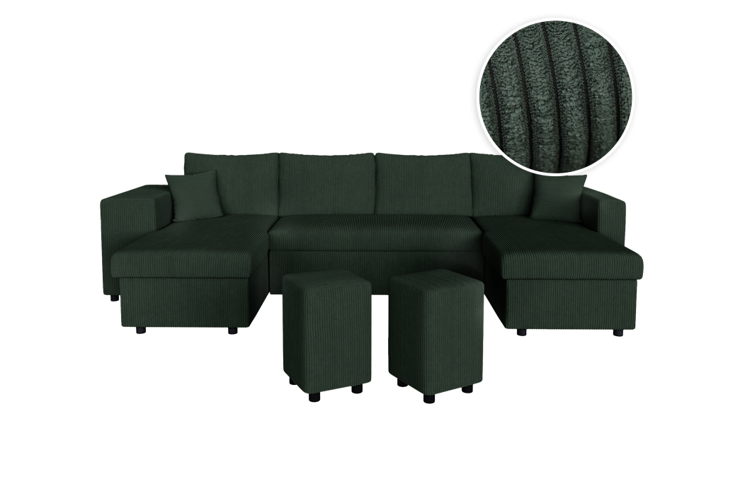 Canapé d'angle panoramique OSLO convertible avec 2 coffres et 2 poufs en velours côtelé