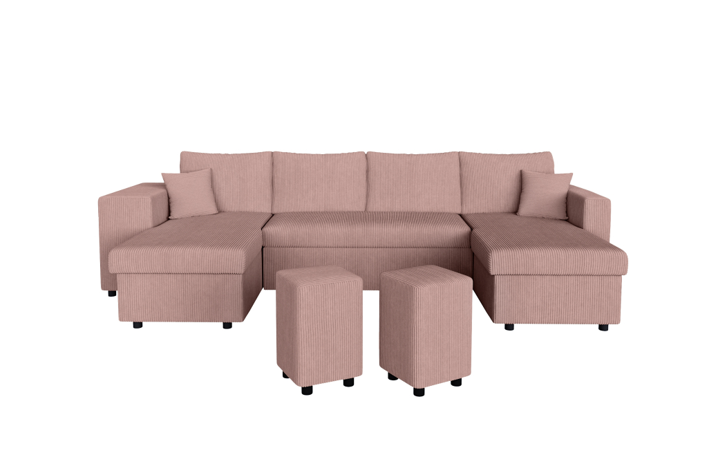 Canapé d'angle panoramique OSLO convertible avec 2 coffres et 2 poufs en velours côtelé