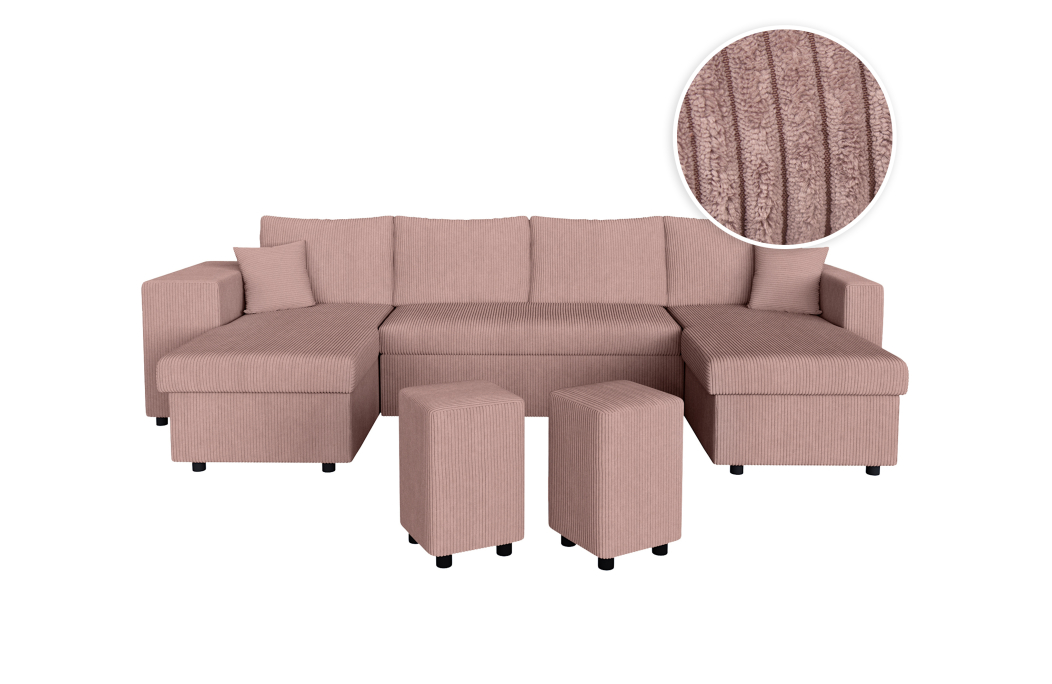 Canapé d'angle panoramique OSLO convertible avec 2 coffres et 2 poufs en velours côtelé