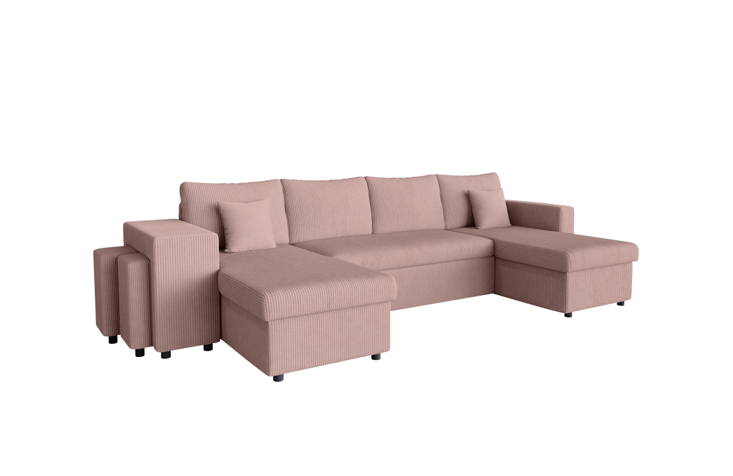 Canapé d'angle panoramique OSLO convertible avec 2 coffres et 2 poufs en velours côtelé