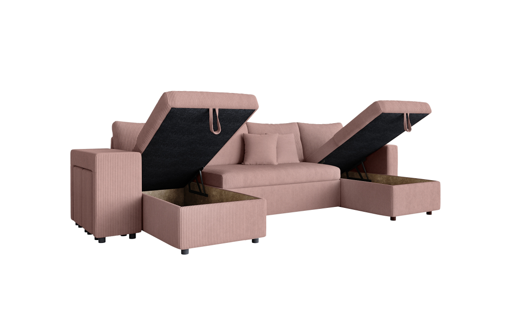 Canapé d'angle panoramique OSLO convertible avec 2 coffres et 2 poufs en velours côtelé