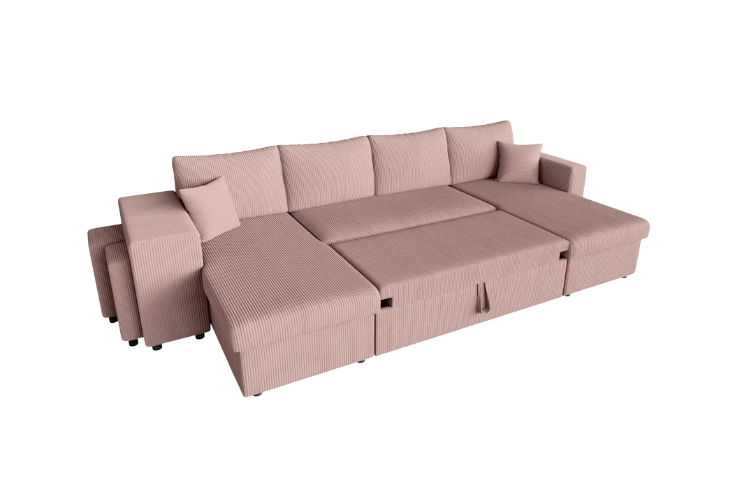 Canapé d'angle panoramique OSLO convertible avec 2 coffres et 2 poufs en velours côtelé