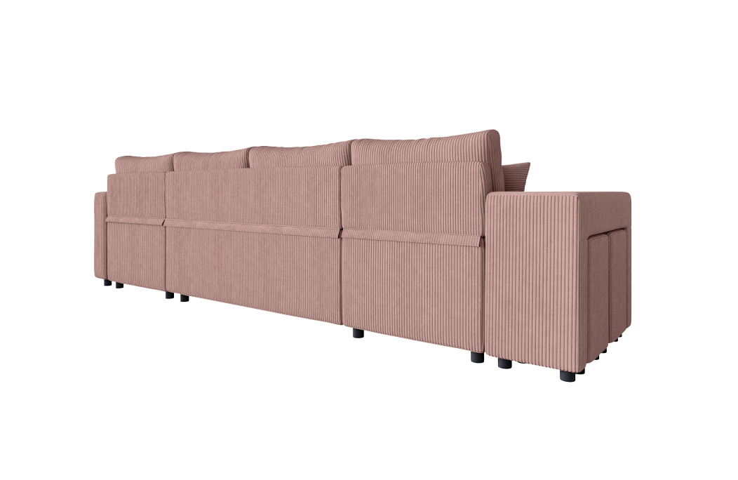 Canapé d'angle panoramique OSLO convertible avec 2 coffres et 2 poufs en velours côtelé