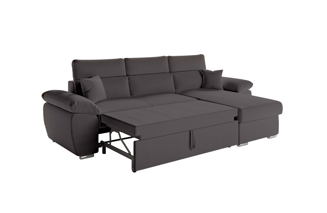 Canapé KOMECO d'angle reversible convertible avec coffre et têtières réglables en velours côtelé