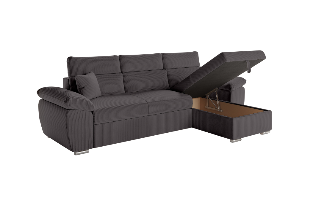 Canapé KOMECO d'angle reversible convertible avec coffre et têtières réglables en velours côtelé
