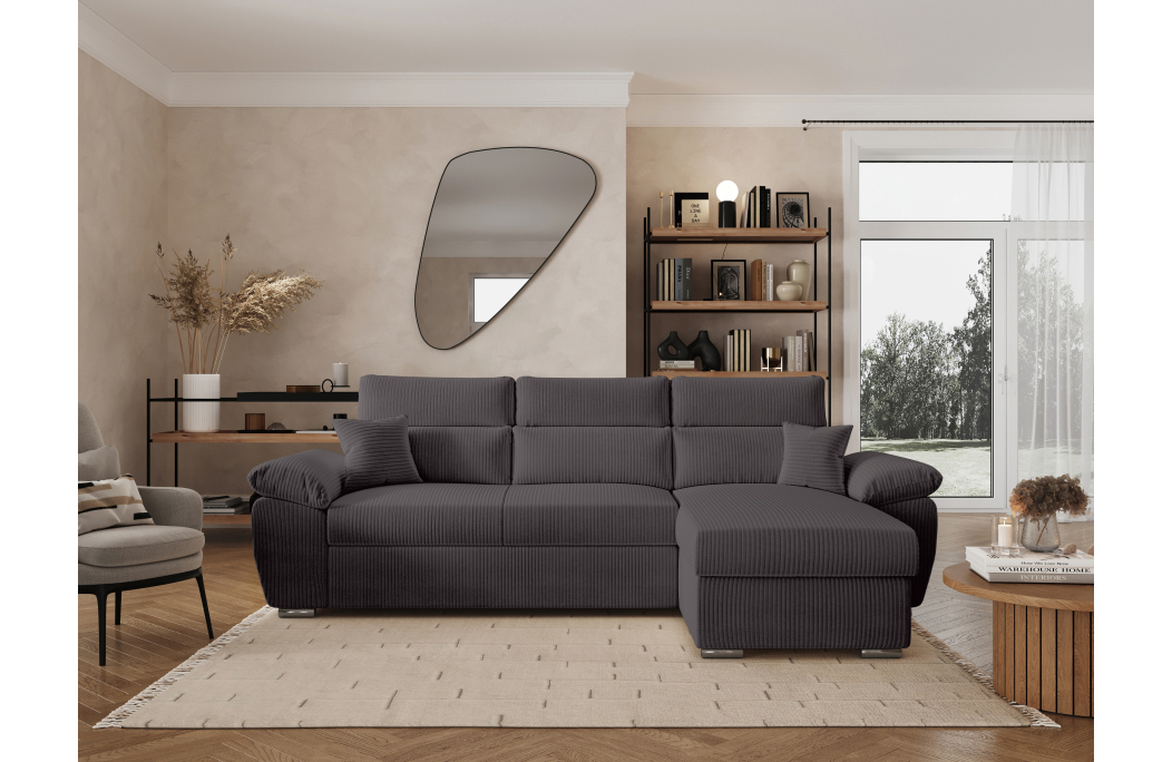 Canapé KOMECO d'angle reversible convertible avec coffre et têtières réglables en velours côtelé