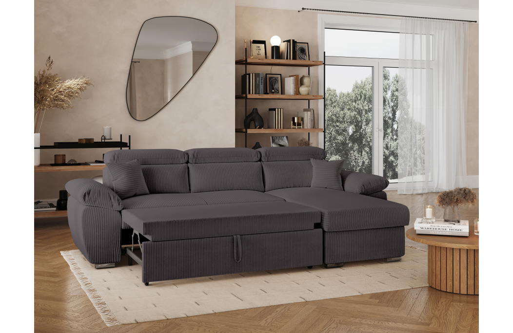 Canapé KOMECO d'angle reversible convertible avec coffre et têtières réglables en velours côtelé