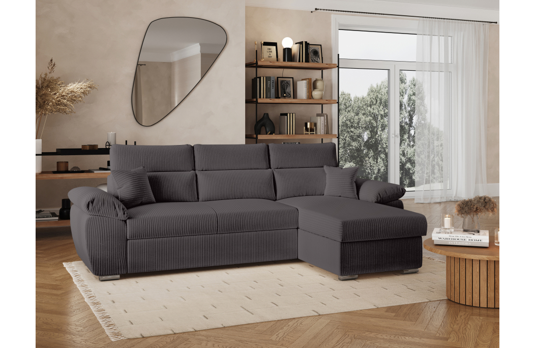 Canapé KOMECO d'angle reversible convertible avec coffre et têtières réglables en velours côtelé