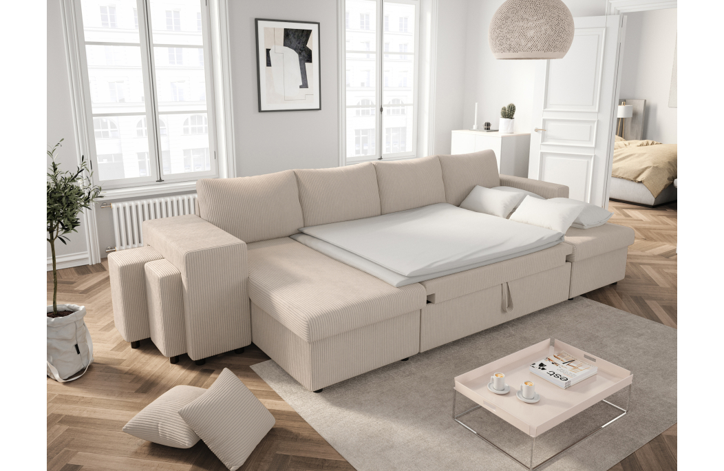 Canapé d'angle panoramique OSLO convertible avec 2 coffres et 2 poufs en velours côtelé