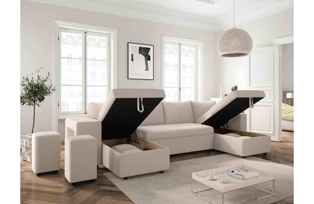Canapé d'angle panoramique OSLO convertible avec 2 coffres et 2 poufs en velours côtelé