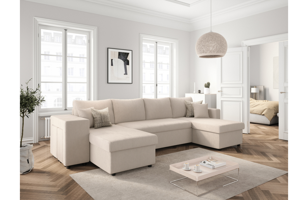 Canapé d'angle panoramique OSLO convertible avec 2 coffres et 2 poufs en velours côtelé