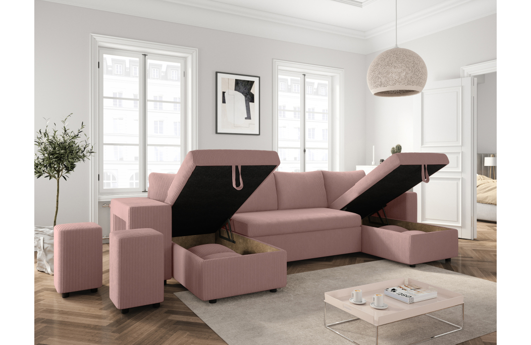 Canapé d'angle panoramique OSLO convertible avec 2 coffres et 2 poufs en velours côtelé