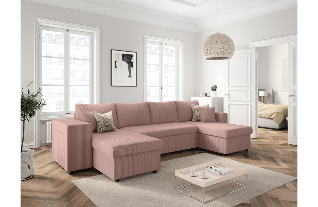 Canapé d'angle panoramique OSLO convertible avec 2 coffres et 2 poufs en velours côtelé