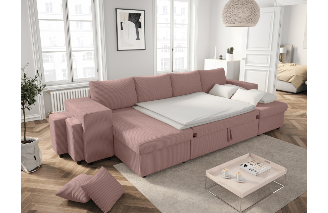 Canapé d'angle panoramique OSLO convertible avec 2 coffres et 2 poufs en velours côtelé