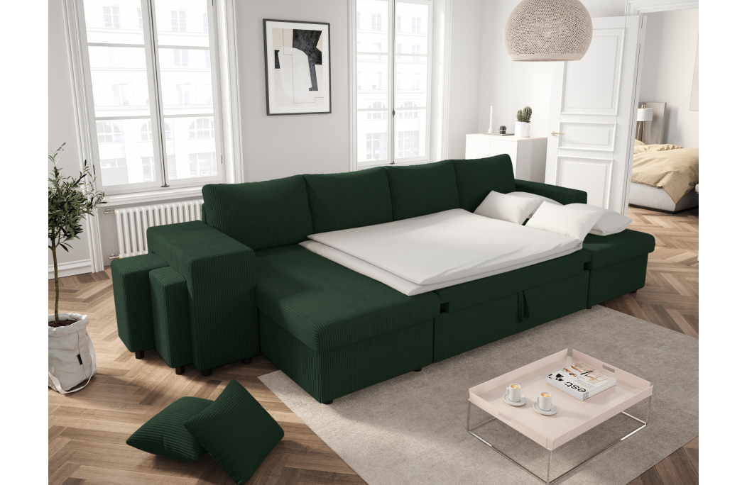 Canapé d'angle panoramique OSLO convertible avec 2 coffres et 2 poufs en velours côtelé