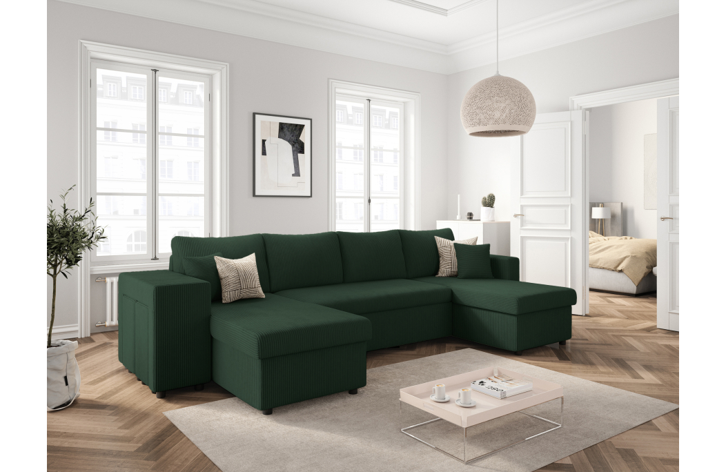 Canapé d'angle panoramique OSLO convertible avec 2 coffres et 2 poufs en velours côtelé
